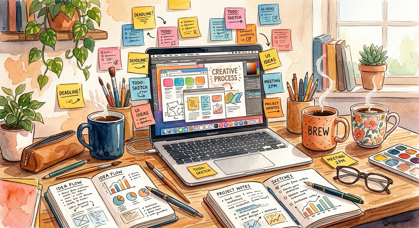 Watercolor illustration of a creative workspace with laptop, coffee cups, and sticky notes